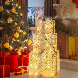 Costway Lighted Gift Boxes with Bows Christmas Decoration 3 Pack - Size: 23 x 25 x 25cm - White - Wilko - thumbnail 4