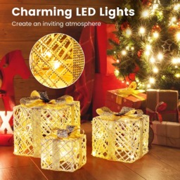 Costway Lighted Gift Boxes with Bows Christmas Decoration 3 Pack - Size: 23 x 25 x 25cm - White - Wilko - thumbnail 6