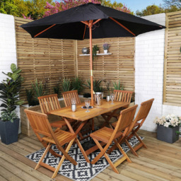 Samuel Alexander Wooden 6 Seater Folding Rectangular Garden Dining Set with Black Parasol - Brown - Wilko - thumbnail 1