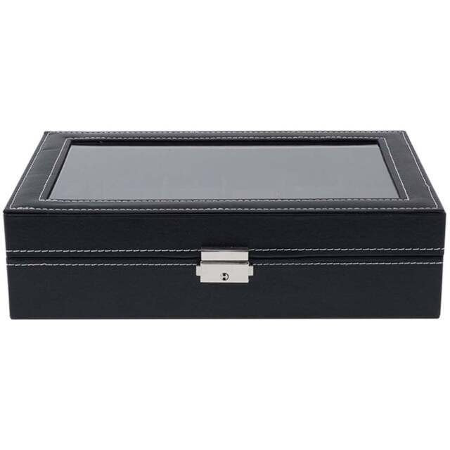 H&O Direct 12 Slot Black Watch Display Box with Glass Lid - Size: 8 x 30.2 x 20cm - Wilko - image 1
