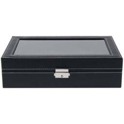 H&O Direct 12 Slot Black Watch Display Box with Glass Lid - Size: 8 x 30.2 x 20cm - Wilko