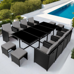 tectake Palma 12 Seater Rattan Garden Dining Set Grey and Black - Wilko