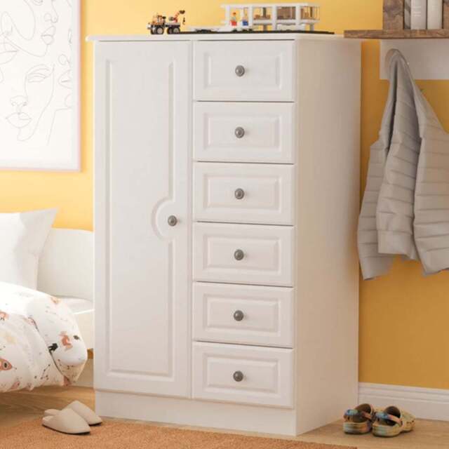 Crowndale Pembroke Single Door 6 Drawer Matt White Kids Wardrobe Ready Assembled - White Matt - Wilko - image 1