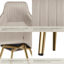 Tectake Marilyn Set of 6 Taupe and Gold Quilted Velvet Continuous Backrest Dining Chair - Grey - Wilko - thumbnail 6