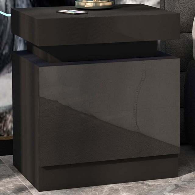 Portland 2 Drawer Black High Gloss Bedside Table with LED Light - Wilko - image 1