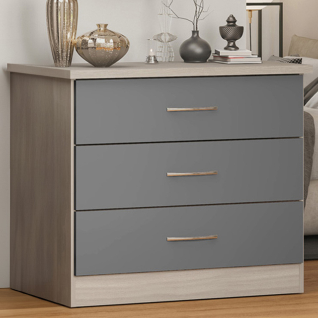 Seconique Nevada 3 Drawer Grey Gloss and Light Oak Veneer Chest of Drawers - Wilko - image 1