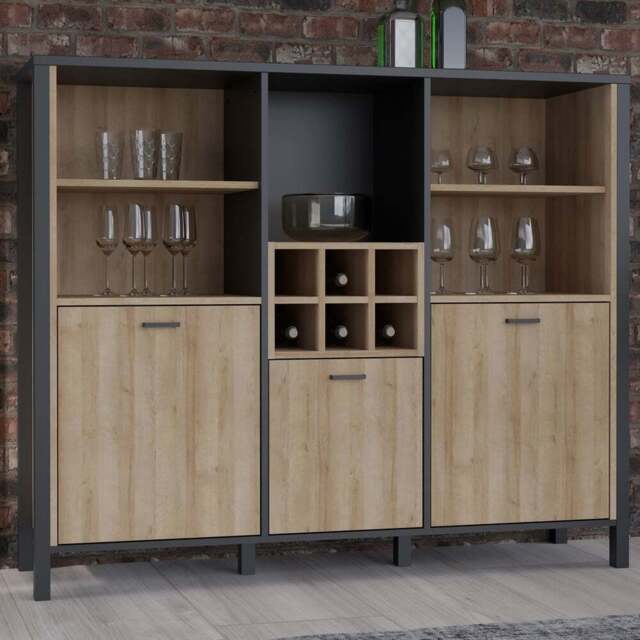 Florence High Rock 3 Door 5 Shelf Matt Black and Riviera Oak Shelf Unit with Wine Rack - Furniture to Go - Wilko - image 1