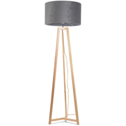 ValueLights Lottie Grey Velvet Drum Shade Natural Wood Tripod LED Floor Lamp - Size: 148 x 45 x 45cm - Cream - Wilko