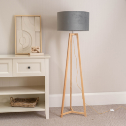 ValueLights Lottie Grey Velvet Drum Shade Natural Wood Tripod LED Floor Lamp - Size: 148 x 45 x 45cm - Cream - Wilko - thumbnail 4