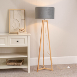 ValueLights Lottie Grey Velvet Drum Shade Natural Wood Tripod LED Floor Lamp - Size: 148 x 45 x 45cm - Cream - Wilko - thumbnail 3