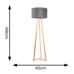 ValueLights Lottie Grey Velvet Drum Shade Natural Wood Tripod LED Floor Lamp - Size: 148 x 45 x 45cm - Cream - Wilko - thumbnail 5