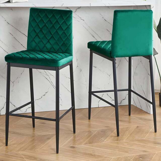 Living and Home Green Diamond-Quilted Velvet Upholstered Bar Stool Set of 2 - Wilko - image 1