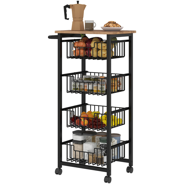 Portland 4 Tier Oak Kitchen Island Trolley with Pull-Out Baskets - Size: 27 x 37 x 94cm - Wilko - image 1