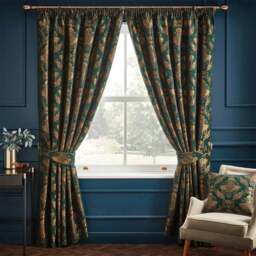 Paoletti Shiraz Emerald Floral Jacquard Pencil Pleat Curtain 229 x 229 - Size: W 229 x D 229cm - Green - Wilko