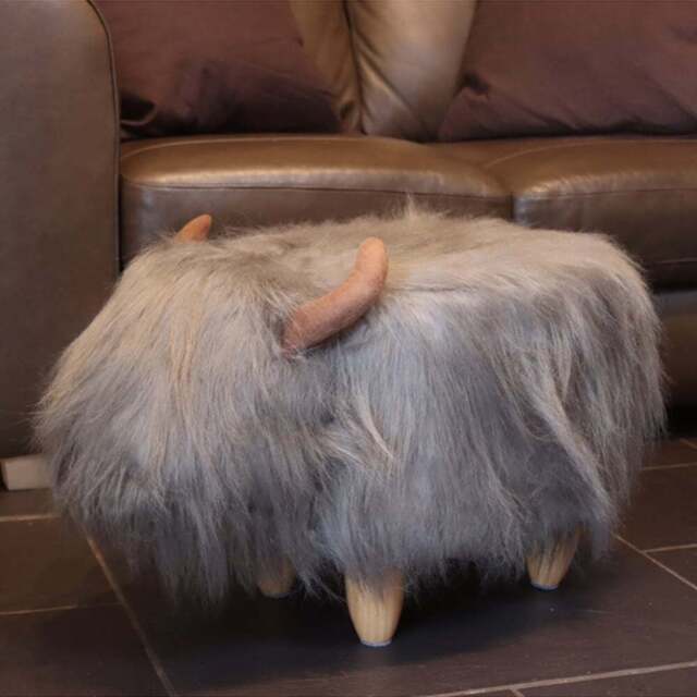 Gardeco Georgette The Highland Cow Pale Grey Synthetic Fur Footstool - Size: 36 x 61 x 32cm - Wilko - image 1