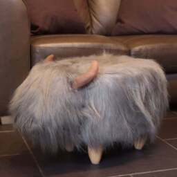 Gardeco Georgette The Highland Cow Pale Grey Synthetic Fur Footstool - Size: 36 x 61 x 32cm - Wilko