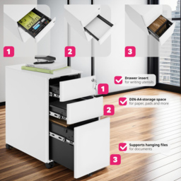 tectake Parvus 3 Drawer White Lockable Filing Cabinet - Size: 59.5 x 30 x 50cm - Wilko - thumbnail 4