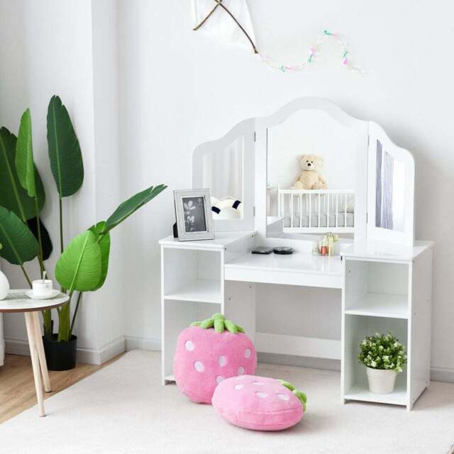 Costway Kids Princess Makeup Vanity Table with Mirror - Size: 106 x 40 x 117cm - White - Wilko - image 1
