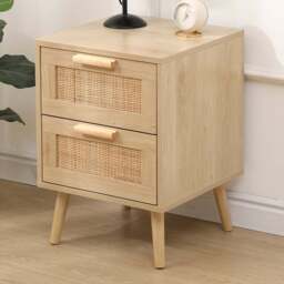 FurnitureHMD 2 Drawer Wooden and Rattan Weaving Bedside Table - Natural - Wilko - thumbnail 1