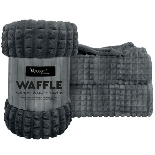 Velosso Charcoal Waffle Plush Throw 127 x 152cm - Size: 127 x 152 x 1cm - Wilko - image 1