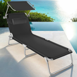 tectake Chloé Black 4 Step Backrest Foldable Sun Lounger with Head Cushion - Size: 65 x 68 x 190cm - Wilko