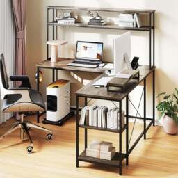 Costway L Shaped Computer Desk with LED Strip and Power Outlets Grey - Size: 145 x 145 x 147cm - Wilko
