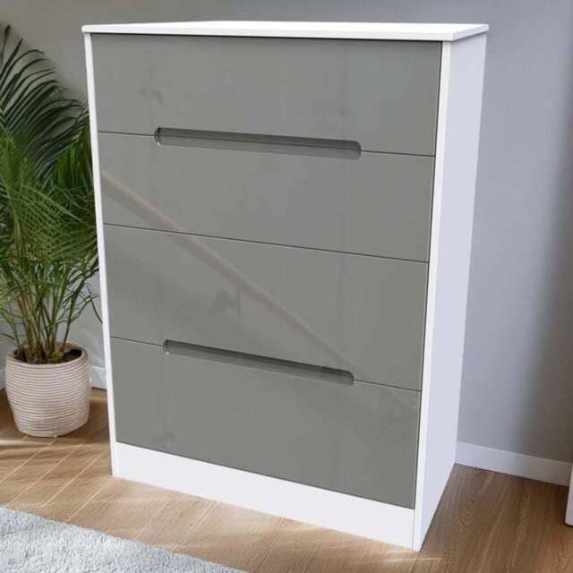 Crowndale Monaco 4 Drawer Grey Gloss and White Deep Chest of Drawers Ready Assembled - Grey Gloss & White - Wilko - image 1