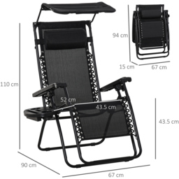 Outsunny Black Zero Gravity Foldable Garden Recliner Chair with Canopy - Size: 1 Seater - Wilko - thumbnail 4