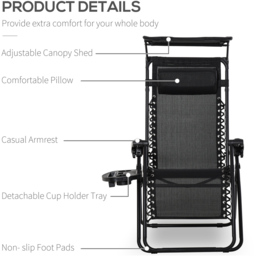 Outsunny Black Zero Gravity Foldable Garden Recliner Chair with Canopy - Size: 1 Seater - Wilko - thumbnail 5