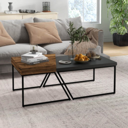 Portland 2 Piece Geometric Jet Black and Wood Effect Coffee Table Set - Size: 80 x 60 x 42cm - Brown - Wilko - thumbnail 4