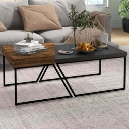 Portland 2 Piece Geometric Jet Black and Wood Effect Coffee Table Set - Size: 80 x 60 x 42cm - Brown - Wilko - thumbnail 1
