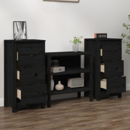 vidaXL 3 Drawer Black Wooden Sideboard Set of 2 - Size: 80 x 40 x 35cm - Wilko