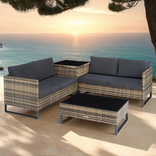 tectake Ostuni 4 Seater Natural Rattan Garden Lounge Set with Storage Box - Brown - Wilko
