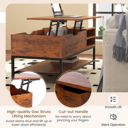 Costway 3 Shelf Rustic Brown Lift Up Top Coffee Table - Size: 111 x 57 x 16cm - Wilko - thumbnail 7