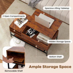 Costway 3 Shelf Rustic Brown Lift Up Top Coffee Table - Size: 111 x 57 x 16cm - Wilko - thumbnail 6