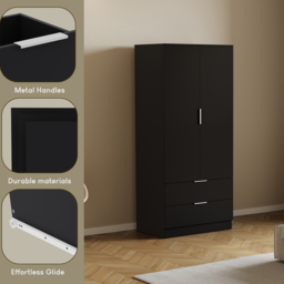 Vida Designs Trega 2 Drawer 2 Door Black Wardrobe - Size: 2 Door, 2 Drawer - Wilko - thumbnail 6