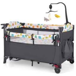 Costway Grey 5 in 1 Baby Bassinet with Diaper Changer and Hanging Toy - Size: 125 x 66 x 78cm - Wilko