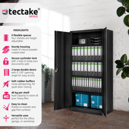 tectake Blain 2 Door 5 Shelf Black Lockable Filing Cabinet - Size: 180 x 40 x 80cm - Wilko - thumbnail 6