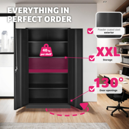 tectake Blain 2 Door 5 Shelf Black Lockable Filing Cabinet - Size: 180 x 40 x 80cm - Wilko - thumbnail 4