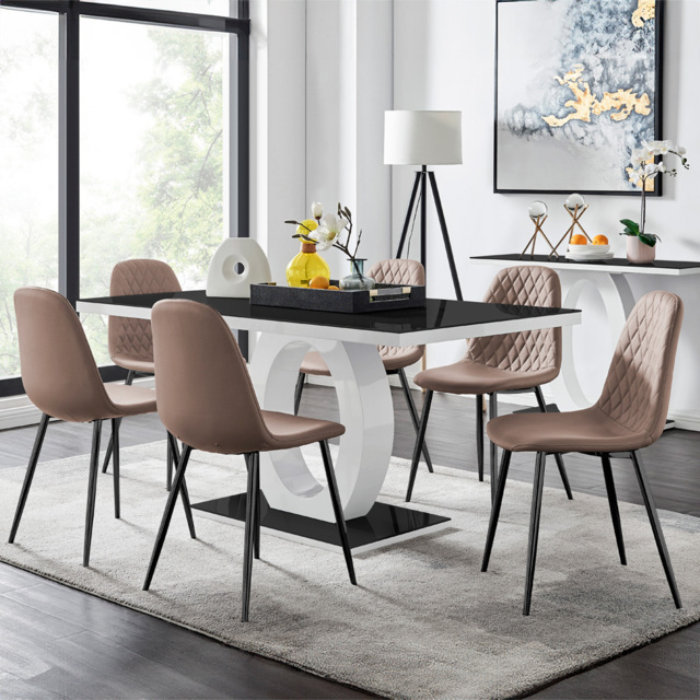 Furniturebox Lucia Solara 6 Seater Dining Set Black Gloss and Cappuccino - Brown - Wilko - image 1