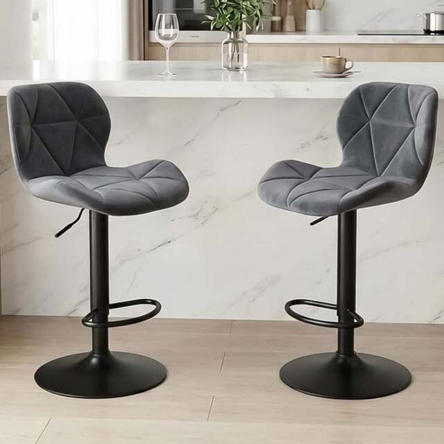 Alivio Dark Grey Velvet Height Adjustable Swivel Bar Stool Set of 2 - Wilko - image 1