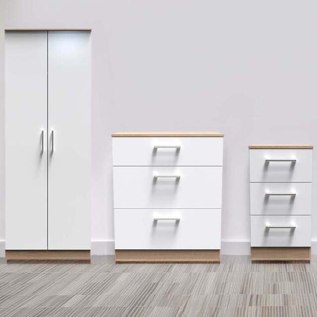 Crowndale Devon 3 Piece White Matt and Oak Bedroom Furniture Set - Wilko - image 1
