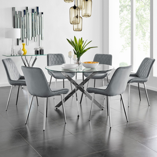 Furniturebox Arona Cesano 6 Seater Round Dining Set Grey and Chrome - Wilko - image 1