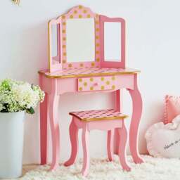 Teamson Kids Gisele Play Single Drawer Pink and Gold Polka Dot Prints Toy Vanity Set - Size: 99.7 x 29.8 x 59.7cm - Wilko