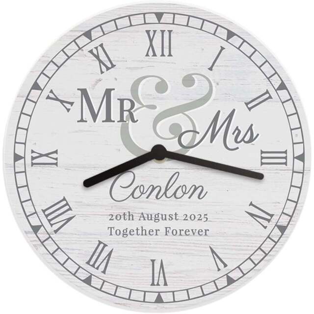 Personalised Memento Personalised Mr and Mrs Wooden Clock - Size: 2.5 x 2.5 x 0.4cm - White - Wilko - image 1