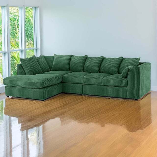 Luxor 4 Seater Green Jumbo Cord Left Hand Facing Scatter Back L Shaped Corner Sofa Set - Wilko - image 1