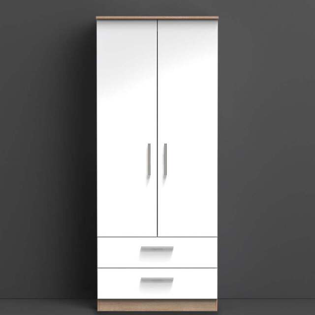 Crowndale Contrast 2 Door 2 Drawer White and Bardolino Oak Tall Wardrobe Ready Assembled - Size: 2 Door, 2 Drawer - Wilko - image 1