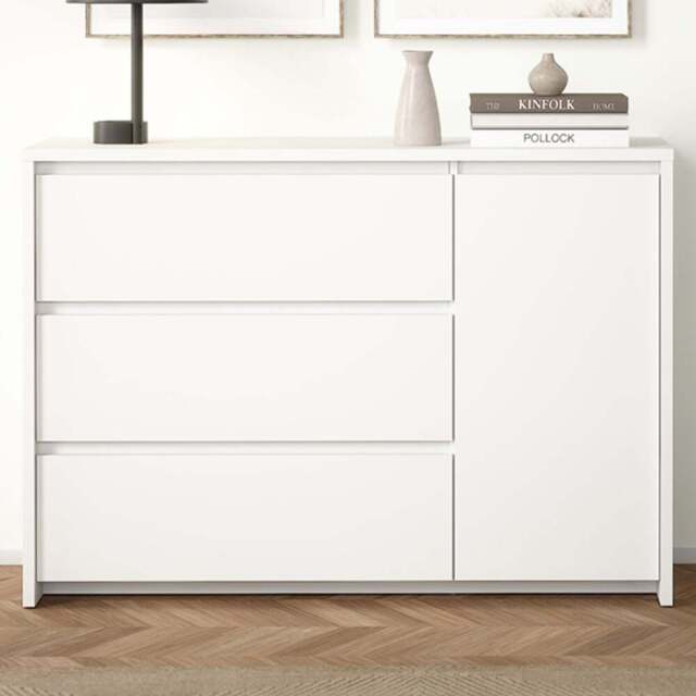 Florence Next Single Door 3 Drawer White Sideboard - Size: 83.8 x 118.6 x 48.1cm - Furniture To Go - Wilko - image 1