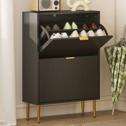 Portland 2 Flip Drawer Black Slim Shoe Storage Cabinet - Size: 91.5 x 24 x 60cm - Wilko - thumbnail 1