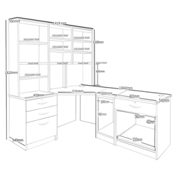 R White Cabinets 4 Drawer Corner Set-20 Computer Desk with Printer Shelf and Bookcase Black - Size: 182.8 x 184 x 141.9cm - Wilko - thumbnail 6